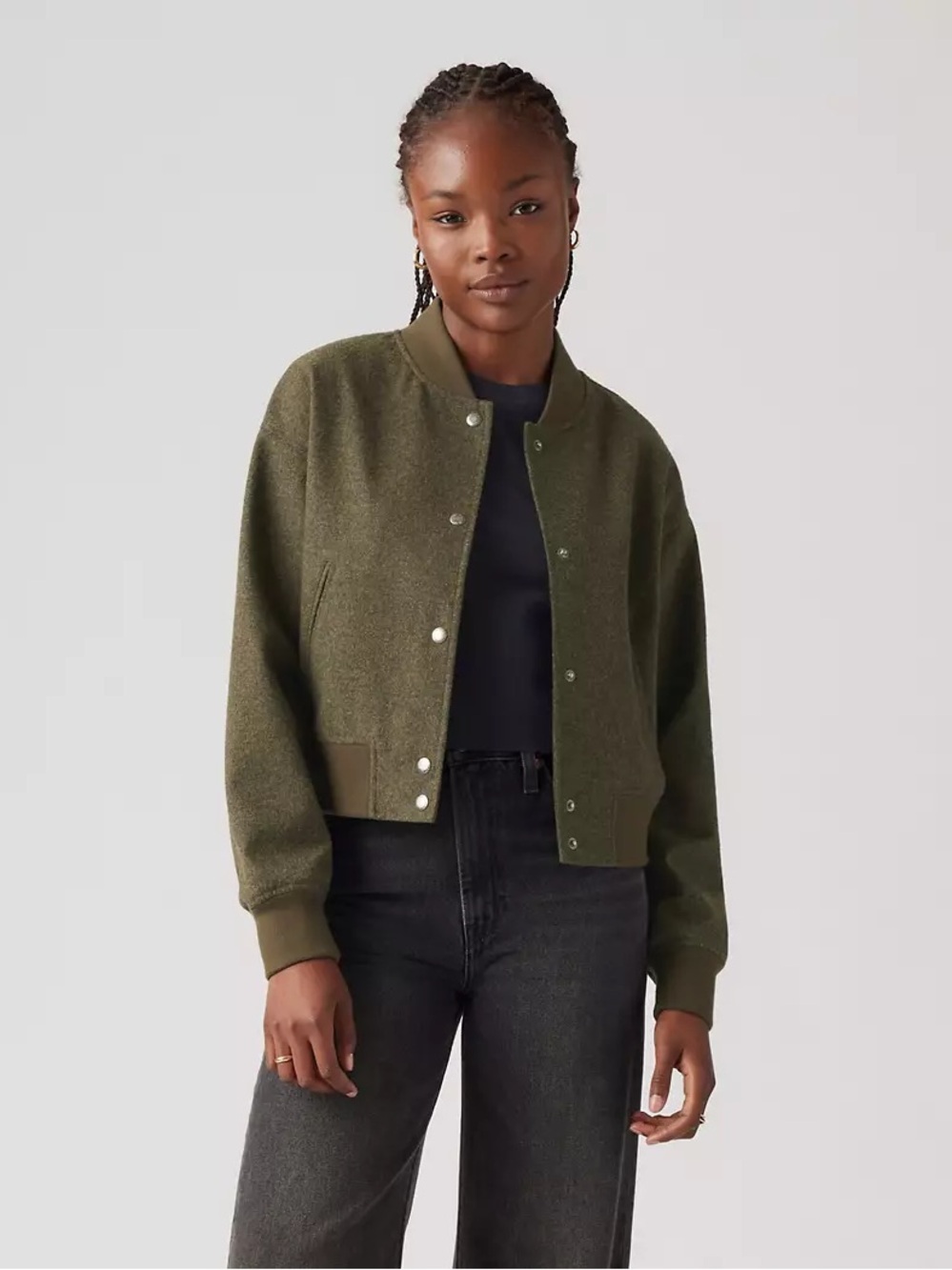 Olive Green Cropped Varsity Bomber Jacket